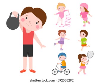 Young kids sportsmens future roller skates gymnastics isolated on white and children young winners after sport school team players vector illustration.