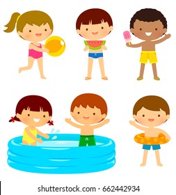 Young kids in swimsuits playing at the beach or at the pool