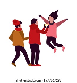 young kids with winter clothes taking picture with cellphone vector illustration design