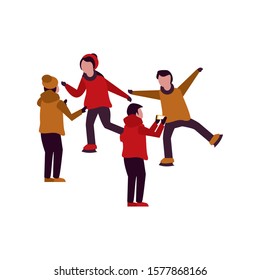 young kids with winter clothes taking picture with cellphone vector illustration design