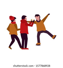 young kids with winter clothes taking picture with cellphone vector illustration design