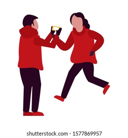 young kids with winter clothes taking picture with cellphone vector illustration design