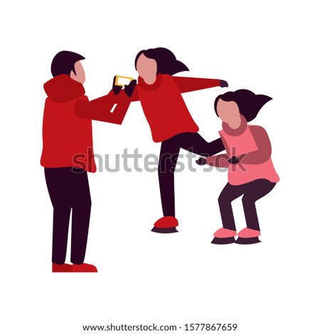 young kids with winter clothes taking picture with cellphone vector illustration design