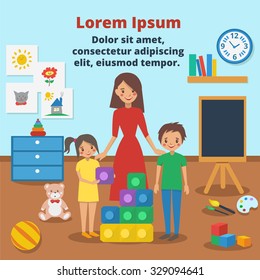 Young Kindergarten teacher and  cute children collect puzzle in the Kindergarten room. Vector cartoon illustration with text place.  Kindergarten playroom with various toys and puzzles.