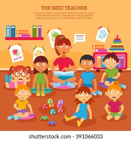 Young kindergarten teacher reading to class of kids in the classroom vector illustration