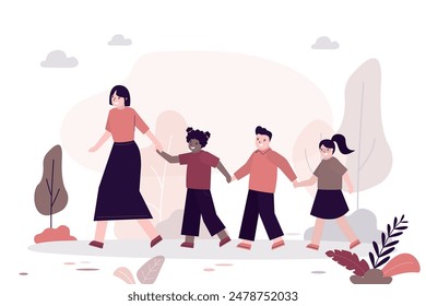 Young kindergarten teacher walking in park with kids holding hands in trail. Multiethnic children with educator relax outdoors. Flat style vector cartoon illustration