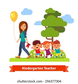 Young kindergarten teacher walking in park with kids holding hands in trail. Flat style vector cartoon illustration.