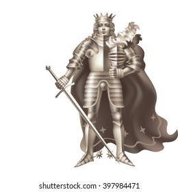 The young king in armor on a white background monochrome
