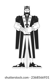 Young king with sword flat line black white vector character. Monarch in golden crown. Powerful man. Editable outline full body person. Simple cartoon isolated spot illustration for web graphic design
