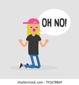 Young kneeling character yelling "oh no". Failure, conceptual illustration. Flat editable vector illustration, clip art