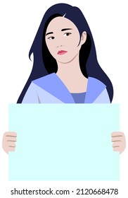 A young Korean girl holds a blank poster in her hands. Protest. Vector flat illustration.