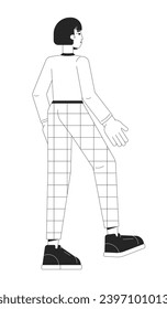 Young korean woman stepping forward black and white 2D line cartoon character. Back view female office worker in checkered pants isolated vector outline person. Monochromatic flat spot illustration