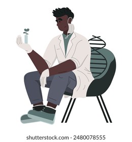 
A young laboratory assistant, dressed in a white medical coat, gloves, and shoe covers with a mask, holds a test tube with a small plant while sitting on a chair designed with DNA elements
