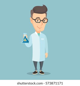 Young laboratory assistant holding a flask with biohazard sign. Caucasian laboratory assistant in medical gown showing a flask with biohazard sign. Vector flat design illustration. Square layout.