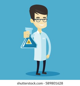 Young laboratory assistant holding a flask with biohazard sign. Asian laboratory assistant in medical gown showing a flask with biohazard sign. Vector flat design illustration. Square layout.
