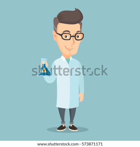 Young laboratory assistant holding a flask with biohazard sign. Caucasian laboratory assistant in medical gown showing a flask with biohazard sign. Vector flat design illustration. Square layout.