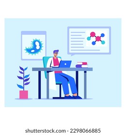 Junge Laborassistentin mit weißem Mantel und Brille, die am Tisch mit Laptop sitzen und Forschung betreiben, Testergebnisse studieren. Laborkonzept. Vektorgrafik in flachem Design