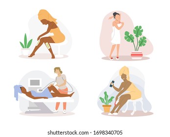 Young ladies doing hair removal procedures, vector flat illustration isolated on white background. Waxing, shaving razor, depilatory cream, laser hair removal types. Skincare and beauty concept.