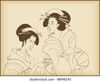 young ladies drinking tea- japanese style drawing