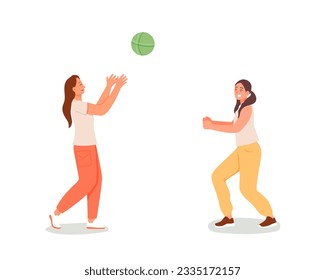 Young ladies playing volleyball together outside. Summer leisure in park. Calm and active recreation of young people. Company rests in nature. Flat vector illustration in cartoon style