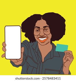 A young lady with Afro hair, smiling confidently while showing her phone screen in one hand and holding a card in the other, exuding a sense of ease and modern digital engagement in a vibrant setting.