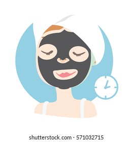 Young lady applying black mask on her face. Empty timer of duration. Vector illustration isolated on white background