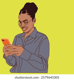 A young lady attentively reading her phone emails, exuding focus and professionalism in a modern setting.