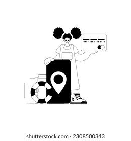 Young lady with bank card and phone with locale. Tourism subject. Gloomy and white line craftsmanship. Trendy style, Vector Illustration
