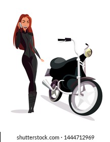 Young lady biker flat vector illustration. Beautiful happy woman in black leather outfit cartoon character. Cheerful female motorcyclist talking on phone. Pretty girl and motorcycle. Extreme lifestyle