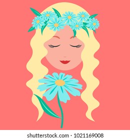 Young Lady with blue Camomile on pink background