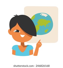 Young lady in blue color dresses, with a short dark color hair, finger point on a earth poster, simplicity cartoon flat style, isolated on white background, vector art illustration icon.