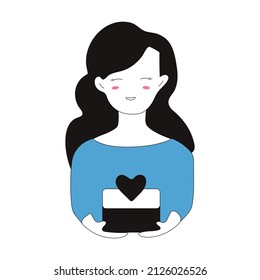 Young lady in blue dress holding a box or cake with heart on top.