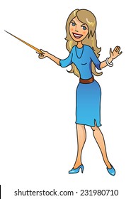 young lady in blue showing something