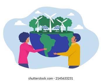  Young  lady and boy embracing the planet Earth  World Earth Day ESG or ecology problem concept of conservation, protection and reasonable consumption of natural resources.