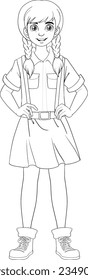 A young lady with braided hair wearing suspenders and a skirt outfit in a vector cartoon illustration style