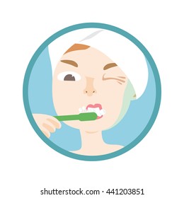 Young lady brushing her teeth looking through the mirror. Wrapped hair. Vector illustration. 