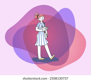 Young lady with camera flat vector illustration. Professional photographer or tourist. Job, hobby, travelling concept.