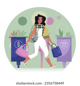 Young lady carry bags with different trash to containers. Waste sorting concept. Young lady engaged in sorting trash. Flat vector illustration in cartoon style in green colors