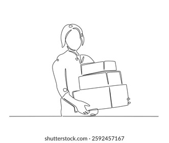 Young lady carrying cardboard simple line art illustration. Continuous one line draw woman with cardboard box.