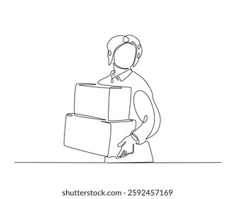 Young lady carrying cardboard simple line art illustration. Continuous one line draw woman with cardboard box.