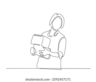 Young lady carrying cardboard simple line art illustration. Continuous one line draw woman with cardboard box.