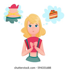 Young lady cartoon character dieting to loose weight dreaming of cake and slim figure temptation emotions vector illustrations