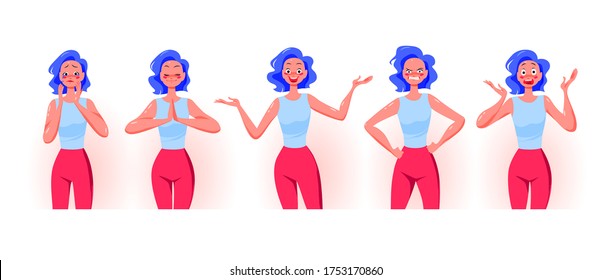 Young lady cartoon character portrait wit different emotions and facial expressions isolated on white background. Sadness, harmony, joy, anger, fear concept. Vector flat illustration.