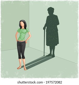 Young lady casting shadow of old woman in vector