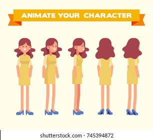 Young lady character design. Front, side, back, 3/4 view for animation. Separate parts of body.  Cartoon style, flat vector illustration.