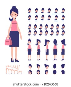 Young lady character for your scenes. Character creation set with various views, face emotions, lip sync, poses. Parts of body template for design work and animation.