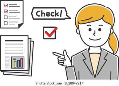 The young lady checking business documents. Vector illustration isolated on white background.