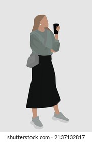 Young lady with coffee. Vector flat image of a girl in sneakers, a sweater, a skirt and a handbag. Design for postcards, avatars, posters, backgrounds, templates, textiles, banners.