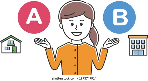 Joven comparando casa separada y condominio. Ilustración vectorial aislada en fondo blanco.