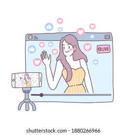 A young lady conducts a live broadcast via a smartphone.